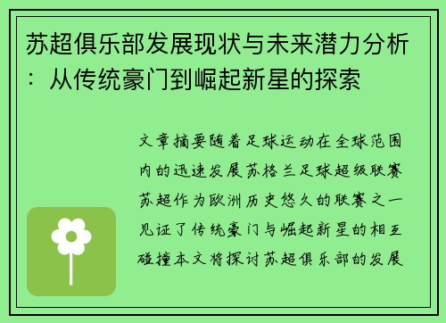 苏超俱乐部发展现状与未来潜力分析：从传统豪门到崛起新星的探索