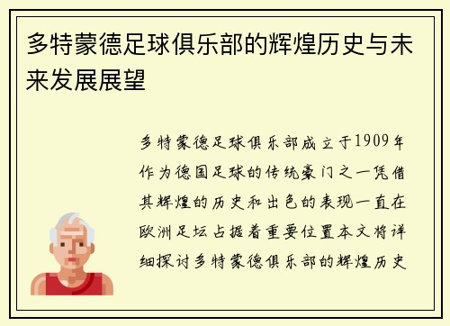 多特蒙德足球俱乐部的辉煌历史与未来发展展望