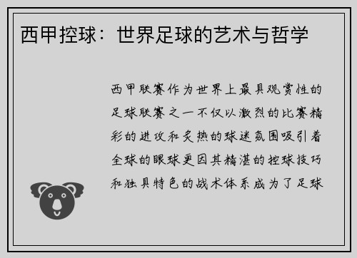 西甲控球：世界足球的艺术与哲学
