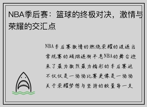 NBA季后赛：篮球的终极对决，激情与荣耀的交汇点