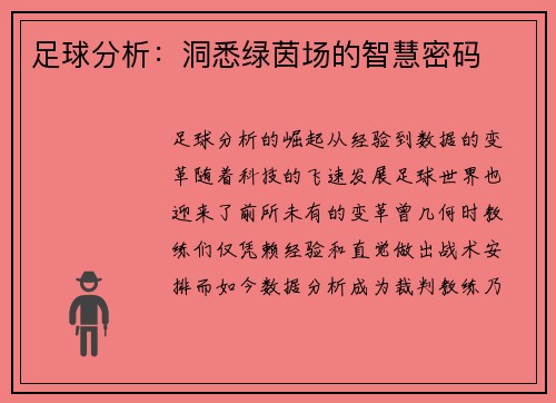 足球分析：洞悉绿茵场的智慧密码
