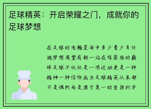足球精英：开启荣耀之门，成就你的足球梦想