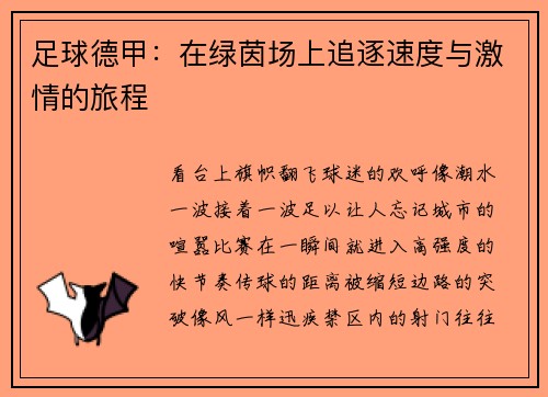 足球德甲：在绿茵场上追逐速度与激情的旅程