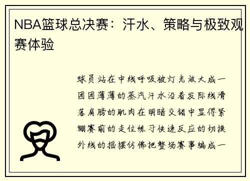 NBA篮球总决赛：汗水、策略与极致观赛体验