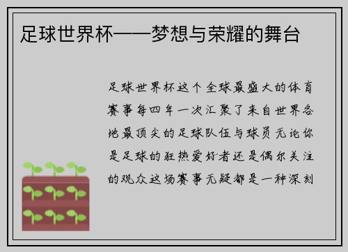 足球世界杯——梦想与荣耀的舞台